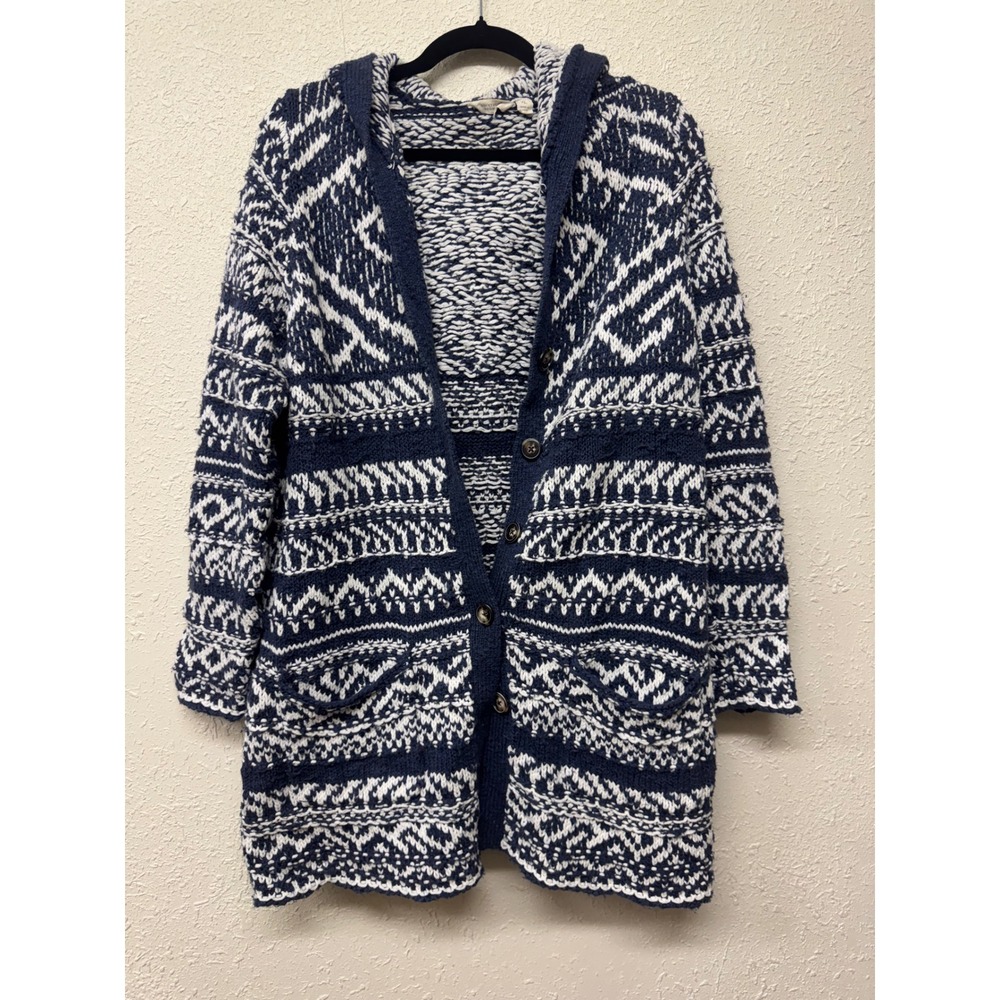 Lucky Brand Women XL Navy Cream Hooded Chunky Knit Cardigan Fair Isle Boho